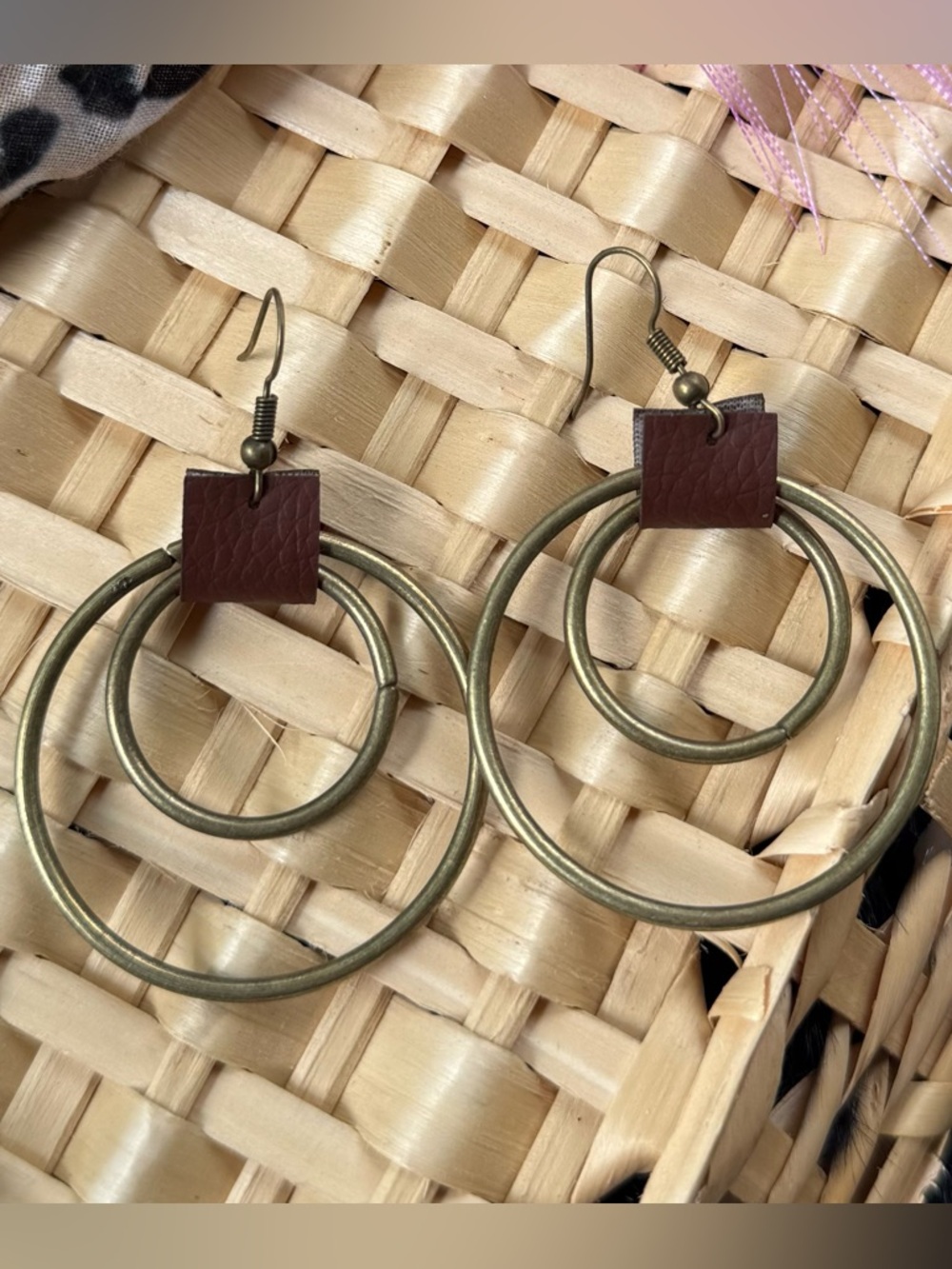 Brown Leather and Antique Gold Double Hoop Earrings